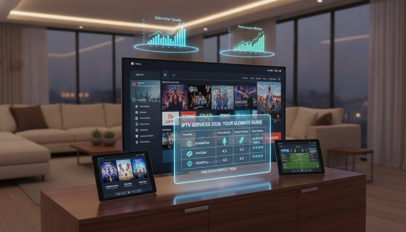 Modern living room with a large TV showing a streaming interface and translucent holographic data charts hovering above the cabinet.