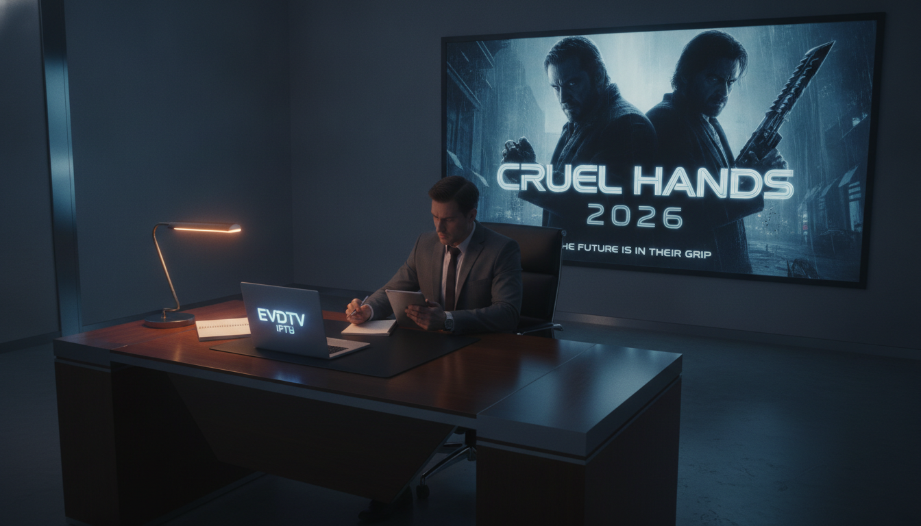 Man in a suit sits at a large wooden desk with a laptop, writing on a notepad while a glowing lamp shines nearby; a big screen on the wall shows 'CRUEL HANDS 2026' and two figures with weapons.